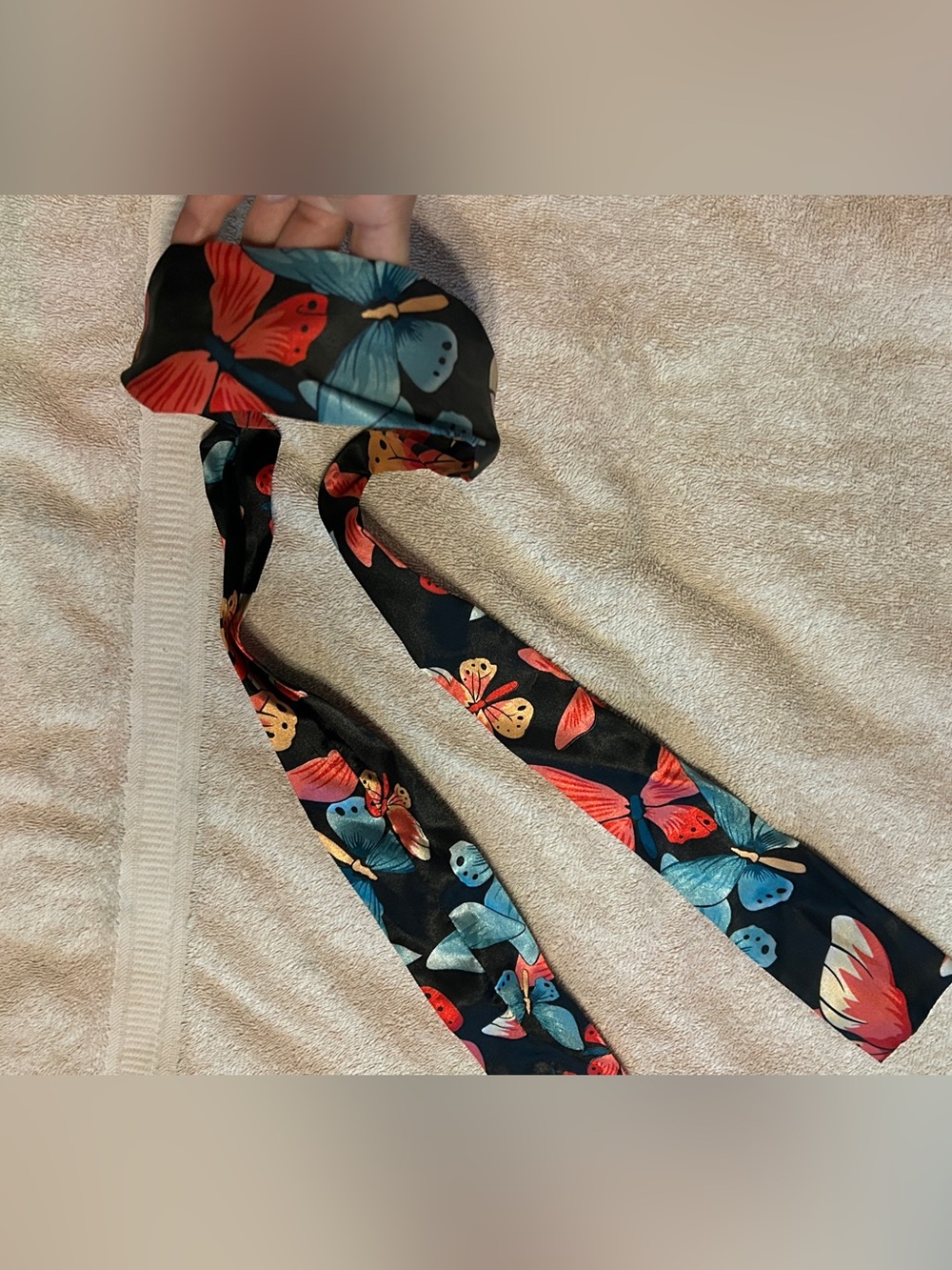 Silky Black Butterfly Print Hair headband with Scarf